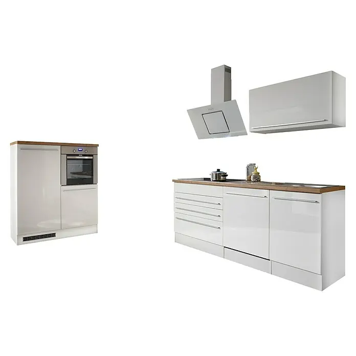 Respekta Küchenleerblock Gabriel - Breite: 320 cm, Weiß, Ohne Elektrogeräte - Eine moderne Küche in Weiß mit Holzarbeitsplatte und integriertem Backofen sowie einer Dunstabzugshaube. Stilvolles Design für Ihr Zuhause.