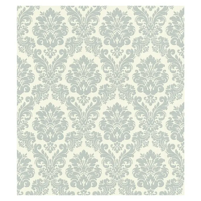 Rasch Trianon XIII Vliestapete Barock - Blau, Ornament, 10,05 x 0,53 m - Nahaufnahme eines eleganten Tapetenmusters in Grau und Weiß, das ein klassisches Damastdesign zeigt.