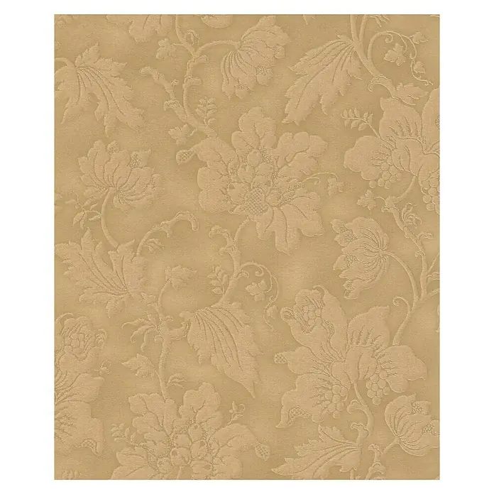 Rasch Trianon XIII Vliestapete Ranke - Mattgold, Floral, 10,05 x 0,53 m - Elegante Nahaufnahme eines luxuriösen Dekostoffes mit floralem Muster in sanften Goldtönen. Ideal für hochwertige Raumgestaltung und Polsterarbeiten.