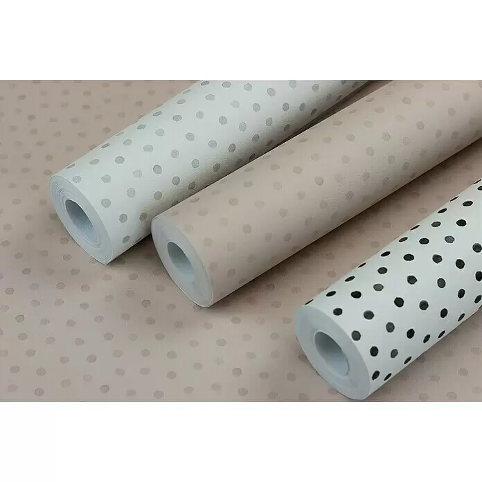 Rasch Bambino XIX Vliestapete Pünktchen - Weiß-Grau, Grafisch, 10,05 x 0,53 m - Drei Rollen gepunkteter Tapete in verschiedenen Farbtönen: hell, beige und weiß mit schwarzen Punkten, auf passendem Untergrund.