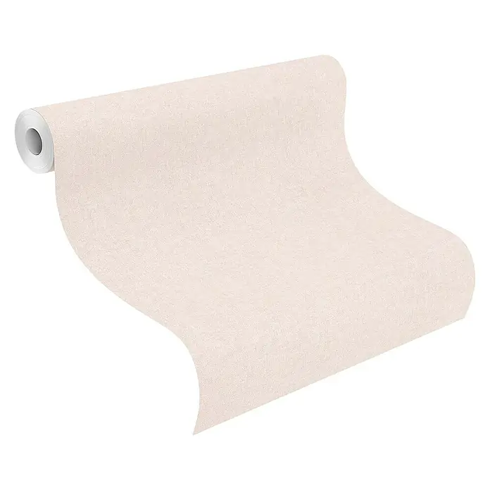 Rasch Bambino XIX Vliestapete - Beige, Uni, 10,05 x 0,53 m - Eine Rolle hellbeige Tapete mit feiner Textur, die sich abrollt und einen eleganten Eindruck vermittelt. Perfekt für stilvolle Wandgestaltung.
