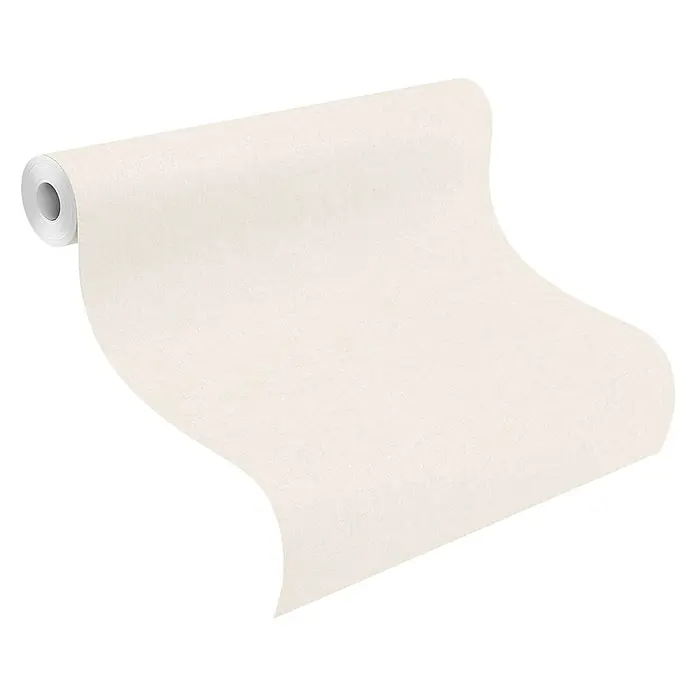 Rasch Bambino XIX Vliestapete - Creme, Uni, 10,05 x 0,53 m - Nahaufnahme einer Rolle hellbeiger Tapete auf schwarzem Hintergrund, die Textur und Material des Produkts hervorhebt.