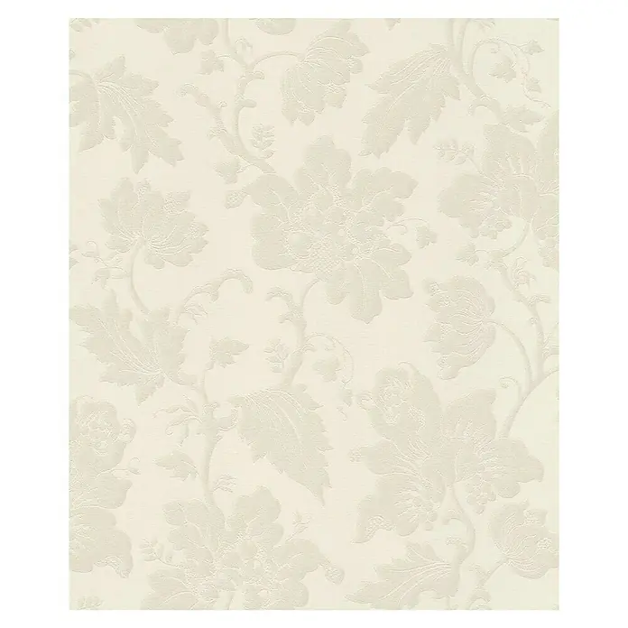 Rasch Trianon XIII Vliestapete Ranke - Cremeweiß, Floral, 10,05 x 0,53 m - Nahaufnahme einer eleganten, cremefarbenen Tapete mit einem zarten Blumenmuster, das für eine klassische und zeitlose Atmosphäre sorgt.