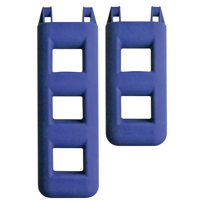 Talamex Treppenfender - 25 x 12 x 55 cm, Anzahl Stufen: 2 Stk., Blau - Abgebildet sind zwei blaue Schutzvorrichtungen mit rechteckigen Aussparungen, die robusten Schutz und Vielseitigkeit bieten.