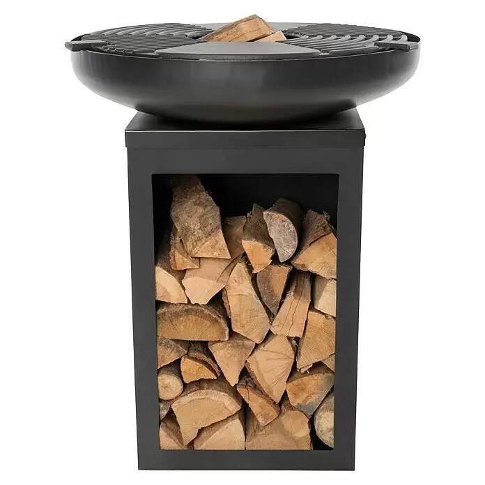 RedFire Plancha-Grill Matanzas - Durchmesser: 60 cm, Stahl - Schwarze Feuerstelle mit Grillrost und integriertem Holzfach.