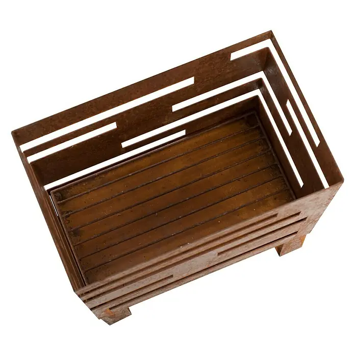 RedFire Feuerkorb Madison - L x B x H: 38 x 23 x 50 cm, Braun - Rustikaler Metallkorb mit Aussparungen und Lattenboden für dekorative Aufbewahrung. Perfekt für Innen- und Außenbereiche mit Vintage-Charme.