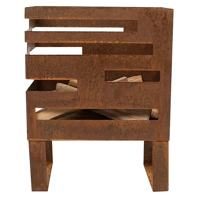 RedFire Feuerkorb Madison - L x B x H: 38 x 23 x 50 cm, Braun - Rostfarbener Kaminholzständer aus Stahl mit horizontalen Schlitzen zur Lagerung von Holzscheiten.