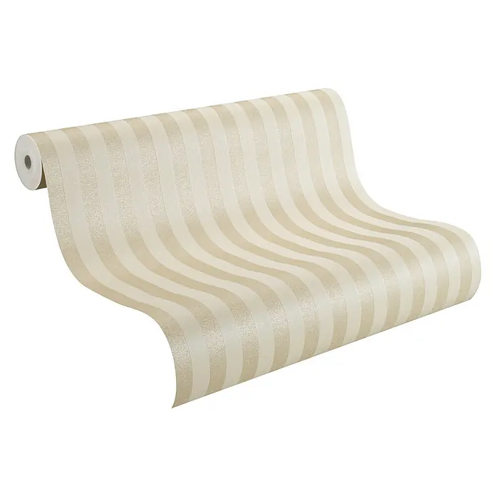Rasch Trianon XIII Vliestapete - Beige, Streifen, 10,05 x 0,53 m - Nahaufnahme einer Rolle cremefarbener Tapete mit einem vertikalen Streifenmuster, die eine stilvolle und elegante Option zur Wanddekoration bietet.