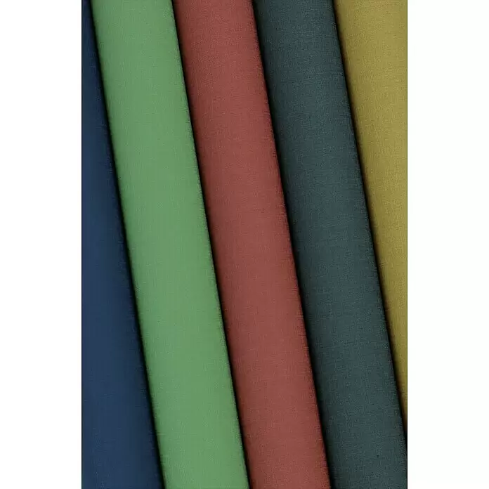 Rasch Tropical House Vliestapete - Schwarz, Uni, 10,05 x 0,53 m - Verschiedene Rollen strukturierter Stoffe in Marineblau, Grün, Rostrot, Dunkeltürkis und Goldgelb.