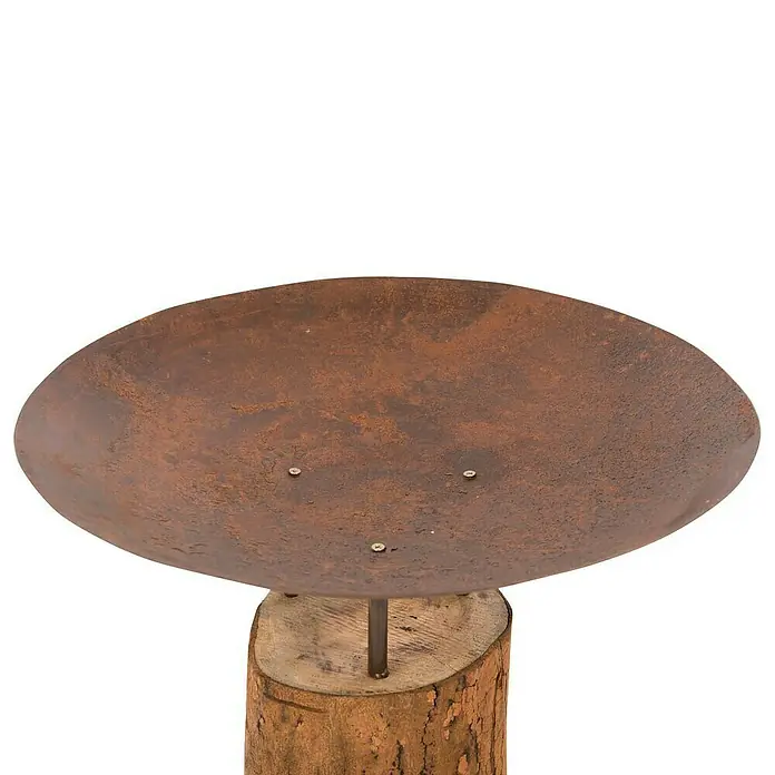 RedFire Feuerschale Logger - Durchmesser: 57 cm, Stahl - Rustikale Feuerstelle mit einer runden, rostfarbenen Schale auf einem Holzsockel. Eine stilvolle und robuste Outdoor-Ergänzung.