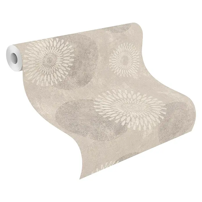 Rasch Tapetenwechsel 2 Vliestapete Kreise - Taupe hell, Grafisch, 10,05 x 0,53 m - Eine Rolle grauer Tapete mit kreisförmigem Blumenmuster. Die Tapete ist aufgerollt und zeigt das Muster.