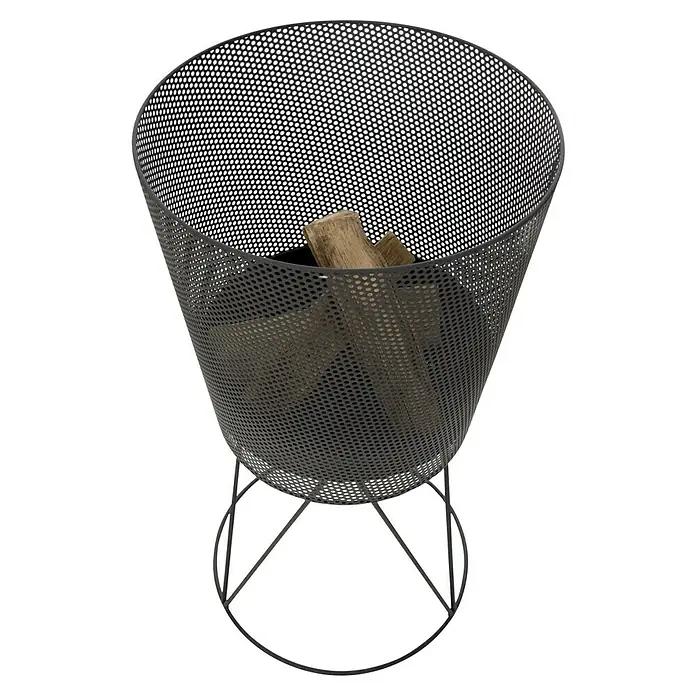 RedFire Feuerkorb Amarillo - Ø x H: 45 x 80 cm, Schwarz - Das Bild zeigt einen modernen, schwarzen Holzkorb aus Metall mit einem gelochten Design und Holzscheiten darin.