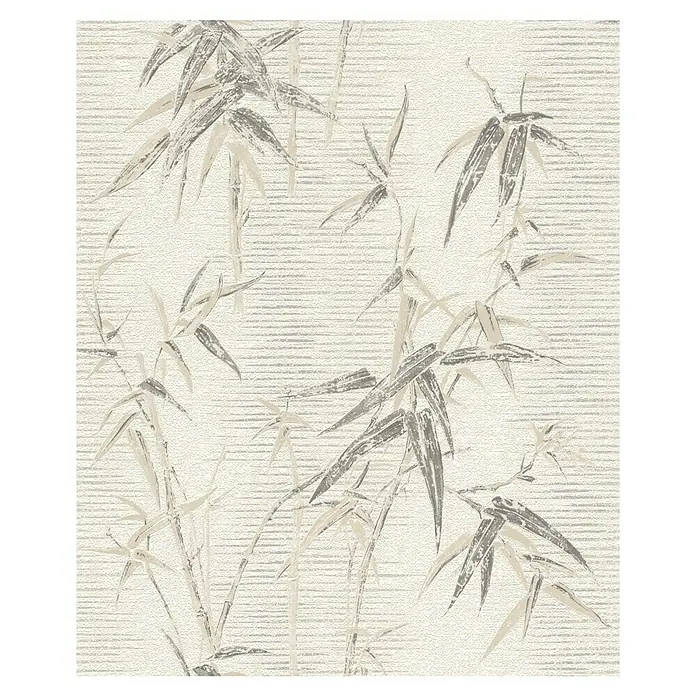 Rasch Tapetenwechsel 2 Vliestapete Bambus - Cremegrau, Floral, 10,05 x 0,53 m - Eine Nahaufnahme eines eleganten, gemusterten Hintergrunds mit Bambusmotiven in sanften Grau- und Beigetönen.