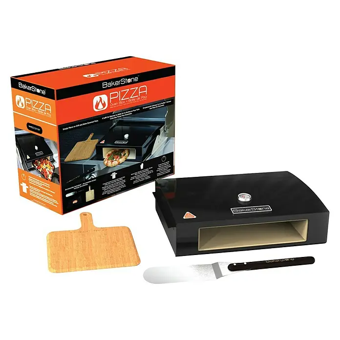 Bakerstone Pizzaofen Set - L x B x H: 41,8 x 58,5 x 15,9 cm, Passend für: 3-Brenner Grills / Holzkohlegrills, 4 -tlg. - Produktbild des BakerStone Pizzaofenaufsatzes mit Pizzaschieber und Box.