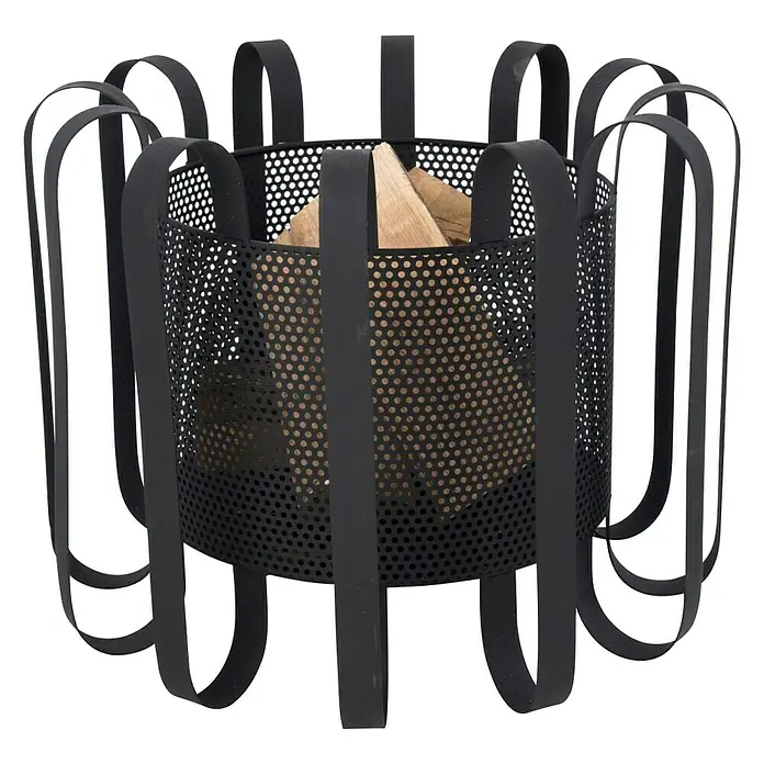 RedFire Feuerkorb Kester - Ø x H: 55 x 41,5 cm, Schwarz - Schwarzer Holzkorb aus Metall mit Holzscheiten. Praktisches und stilvolles Accessoire für den Kamin oder die Feuerstelle.