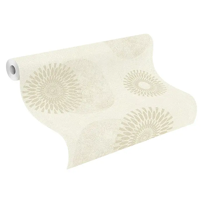 Rasch Tapetenwechsel 2 Vliestapete Kreise - Cremegold, Grafisch, 10,05 x 0,53 m - Nahaufnahme einer cremefarbenen Tapetenrolle mit einem stilvollen, floralen Muster. Ideal für die Gestaltung eines eleganten Interieurs.