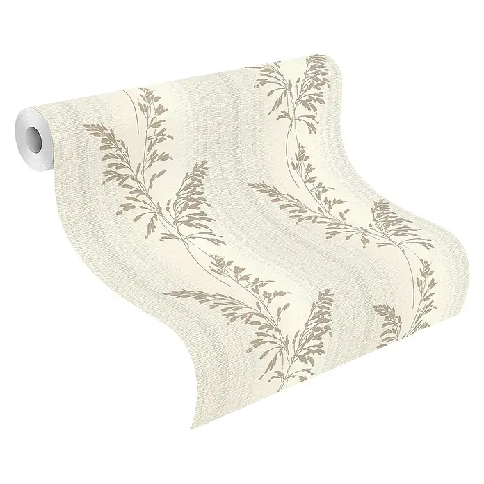 Rasch Tapetenwechsel 2 Vliestapete Blätter - Hellbeige, Floral, 10,05 x 0,53 m - Eine Rolle cremefarbener Tapete mit zarten, braunen Blattmotiven, die eine natürliche und elegante Atmosphäre schafft.