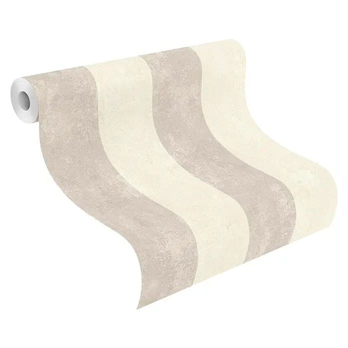 Rasch Tapetenwechsel 2 Vliestapete - Creme-Grau, Streifen, 10,05 x 0,53 m - Ein detailliertes Bild einer Rolle gestreifter Tapete in neutralen Farbtönen, die ein elegantes Design für die Wanddekoration zeigt.