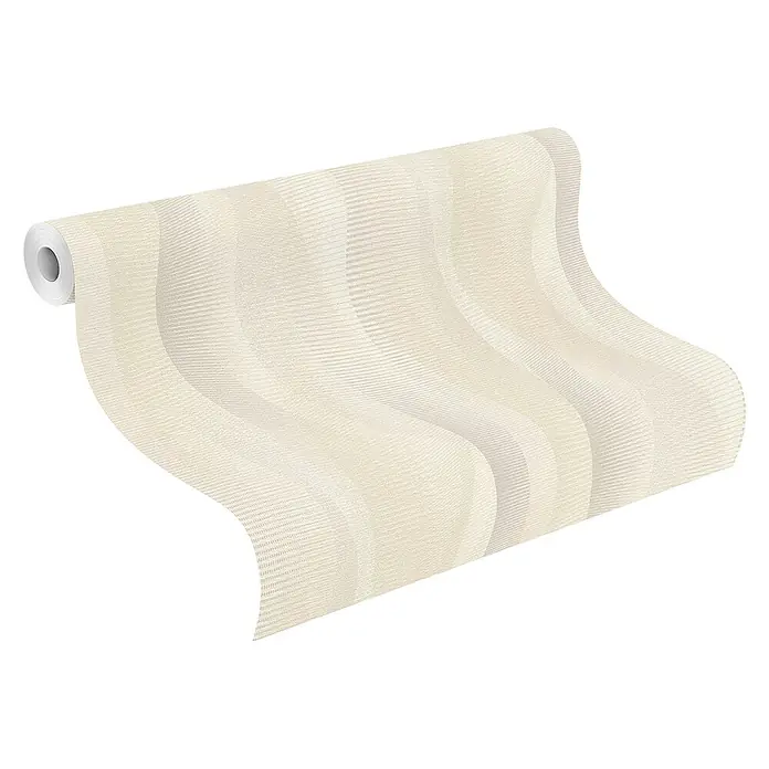 Rasch Tapetenwechsel 2 Vliestapete - Beige, Wellen, 10,05 x 0,53 m - Rolle mit Tapete mit dezenten Streifen. Die cremefarbene Tapete ist aufgerollt und zeigt ein elegantes Streifenmuster.