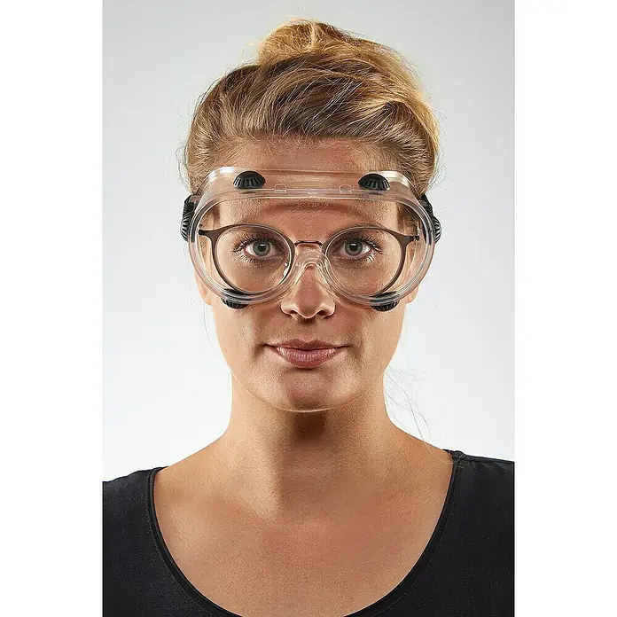 Wisent Gafas de seguridad - Transparente, Con válvula - Mujer con gafas protectoras y gafas. Las gafas de seguridad transparentes ofrecen doble protección y seguridad para los ojos al trabajar.