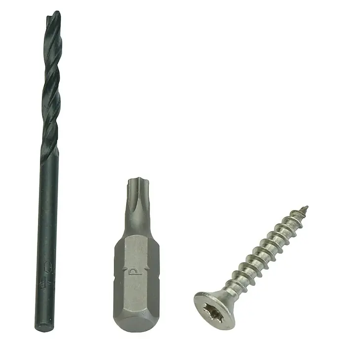 Kovalex Schrauben-Set 1 T20 - 100 Stk., Passend für: Kovalex WPC-Terrassendecksysteme, SET 1 - Nahaufnahme von einem Spiralbohrer, einem Torx-Bit und einer Torx-Schraube.