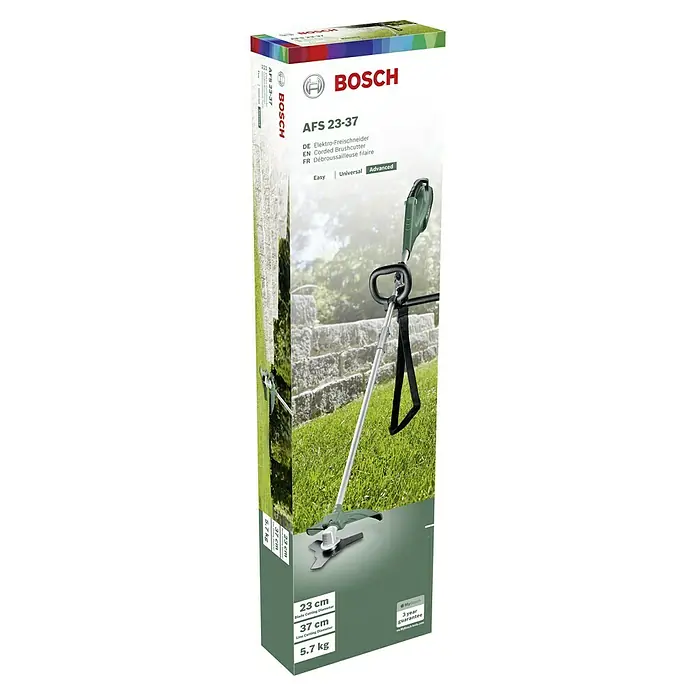 Bosch Elektro-Freischneider AFS 23-37 - 1.000 W, Schnittbreite Faden: 37 cm, Schnittbreite Messer: 23 cm - Abbildung des Bosch AFS 23-37 Elektro-Freischneiders in seiner Verpackung, ideal für Gartenarbeiten.