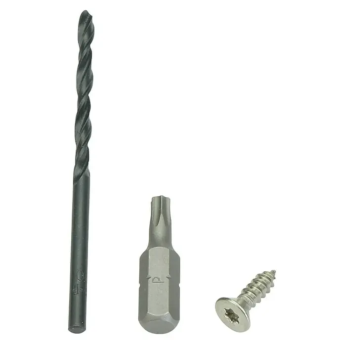 Kovalex Schrauben-Set 2 - 100 Stk., Passend für: Kovalex WPC-Terrassendecksysteme - Bild einer Spiralbohrer, eines Torx-Bits und einer Schraube. Das Bild zeigt Zubehör für Bohrmaschinen und Schraubendreher.