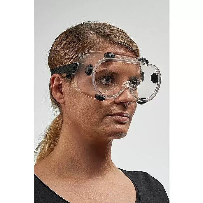 Wisent Gafas de seguridad - Transparente, Con válvula - Gafas de seguridad transparentes con correa ajustable negra y tapas de ventilación negras, usadas por una persona.