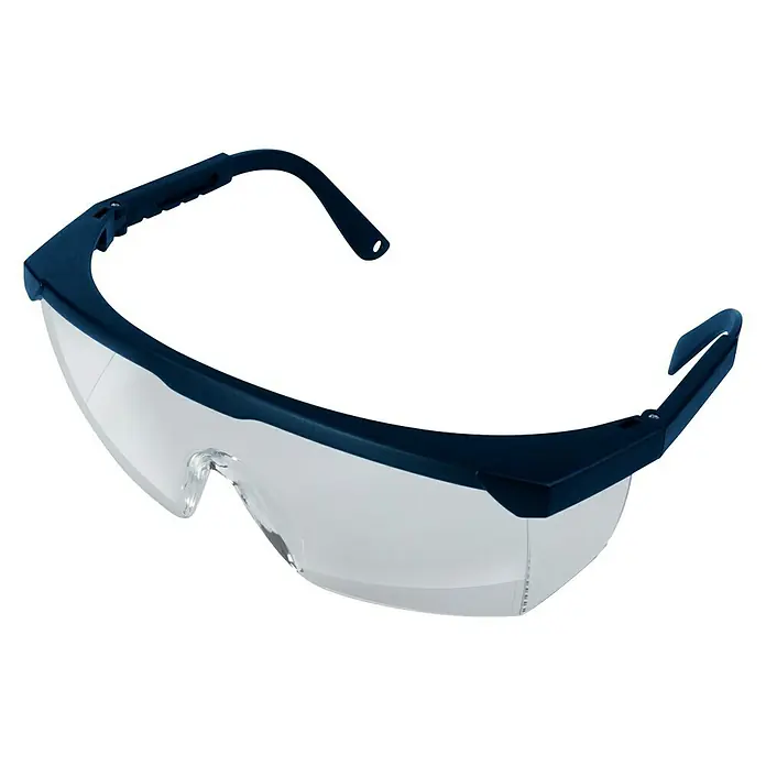 Schutzbrille - Verstellbare Bügel, Blau - Nahaufnahme einer blauen Schutzbrille auf schwarzem Hintergrund.