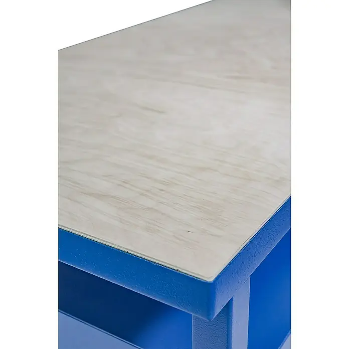 Güde Werkbank P 1200 SS - L x B x H: 60 x 119 x 85 cm, Anzahl Schubladen: 6 Stk. - Nahaufnahme eines blauen Tisches mit einer hellen Tischplatte, ideal für moderne Büros oder als stilvolles Möbelstück.