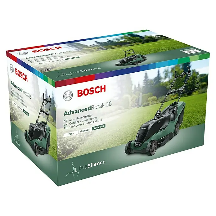 Bosch Elektro-Rasenmäher UniversalRotak 450 - Leistung: 1.300 W, Schnittbreite: 34 cm - Produktverpackung des Bosch AdvancedRotak 36 Akku-Rasenmähers mit ProSilence Funktion, dargestellt auf der Verpackung.