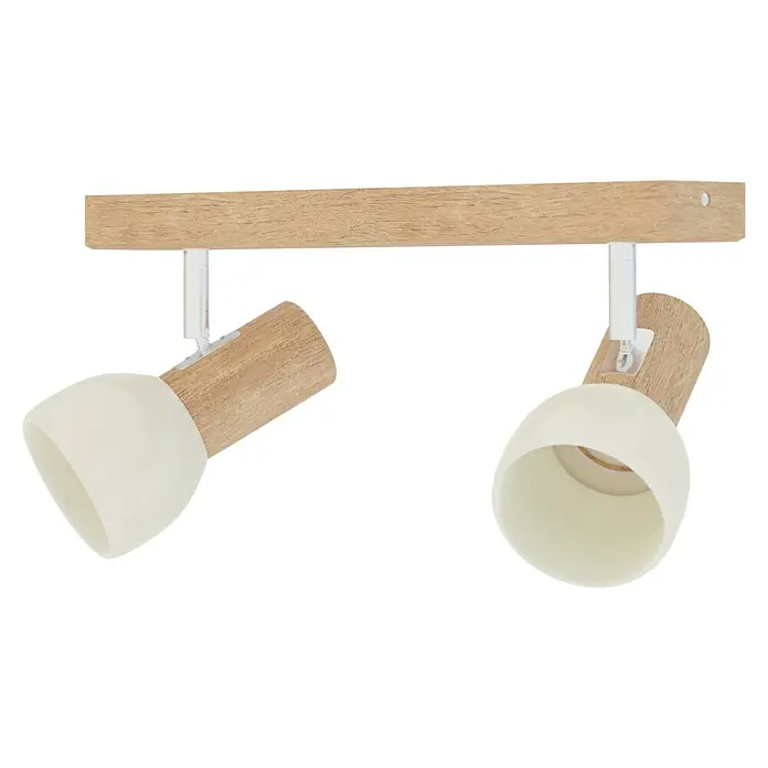 Spotlight Deckenstrahler Svenda - 120 W, L x B x H: 37 x 9 x 18 cm, Eiche, E27 - Zwei Lampen mit Holzdetails und creme-weißen Lampenschirmen montiert an einer Holzleiste für stilvolle Innenraumbeleuchtung.