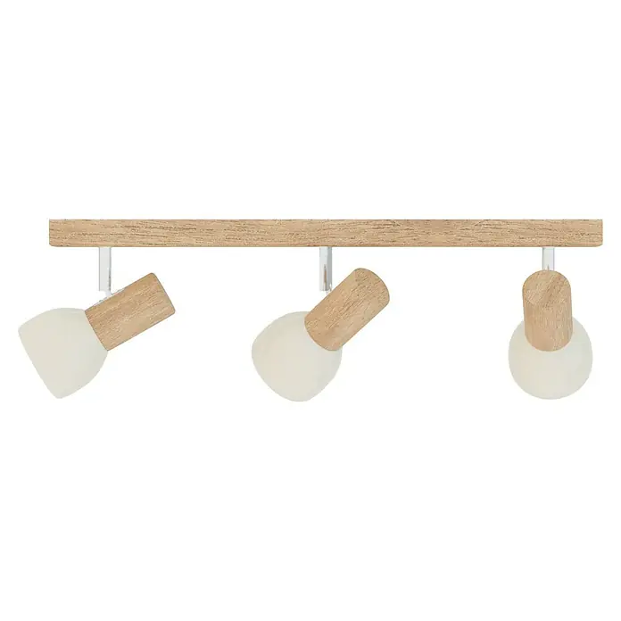 Spotlight Deckenstrahler Svenda - 180 W, L x B x H: 52 x 9 x 18 cm, Eiche, E27 - Moderne Deckenleuchte mit drei Strahlern. Die Lampe verfügt über einen Holzsockel und cremefarbene Lampenschirme für eine warme Beleuchtung.