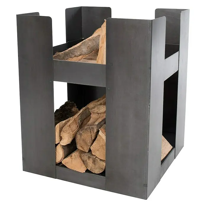RedFire Feuerkorb Hollola - L x B x H: 50 x 50 x 60 cm, Schwarz - Ein grauer, quadratischer Kaminholzständer aus Metall ist mit Holzscheiten gefüllt, die Kaminholzaufbewahrung bietet Platz für Brennholz.