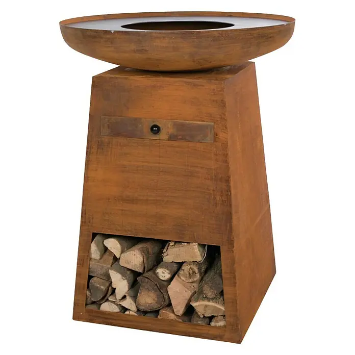 RedFire Plancha-Grill OrionØ x H: 80 x 100 cm, Stahl, Rostbraun - Rustikale Feuerschale mit Holzfach für gemütliche Stunden im Freien.