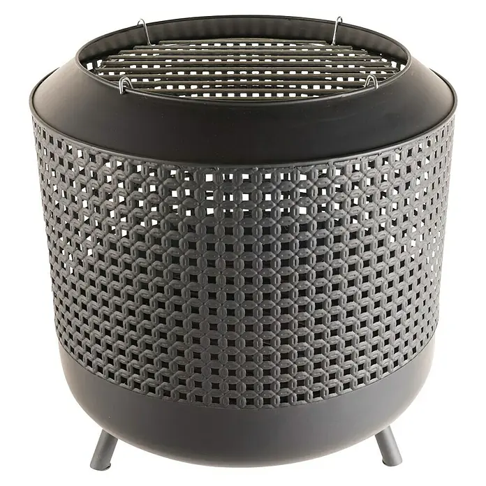 RedFire Feuerkorb Midland - Ø x H: 50 x 51 cm, Schwarz - Eine dekorative, runde Feuerstelle mit einem schwarzen Metallrahmen und einem filigranen, grauem Korbmuster. Inklusive Grillrost.