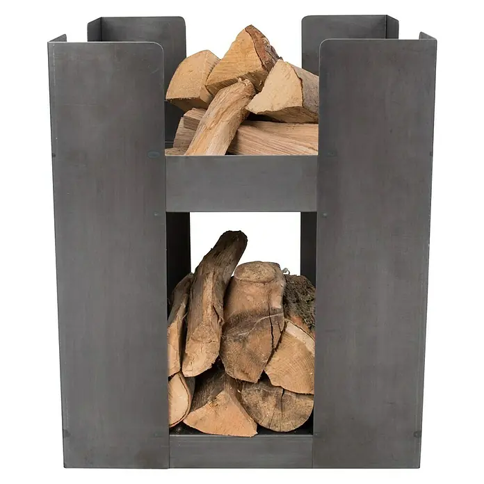 RedFire Feuerkorb Hollola - L x B x H: 50 x 50 x 60 cm, Schwarz - Holzkorb aus Metall mit zwei Fächern, gefüllt mit Brennholz. Der Korb dient zur praktischen Lagerung von Kaminholz.