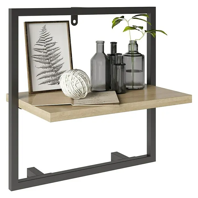 Phönix Wandregal Soho - L x B x H: 20 x 35 x 35 cm, Anzahl Böden: 1 Stk. - Nahaufnahme eines Wandregals mit Dekorationsgegenständen wie Flaschen und Pflanzen, das modernes Design und Funktionalität vereint.