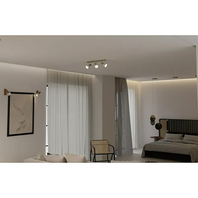 Spotlight Deckenstrahler Svenda - 180 W, L x B x H: 52 x 9 x 18 cm, Eiche, E27 - Deckenleuchte mit drei verstellbaren Spots, montiert an einer Holzleiste, die ein modernes und helles Ambiente schafft.