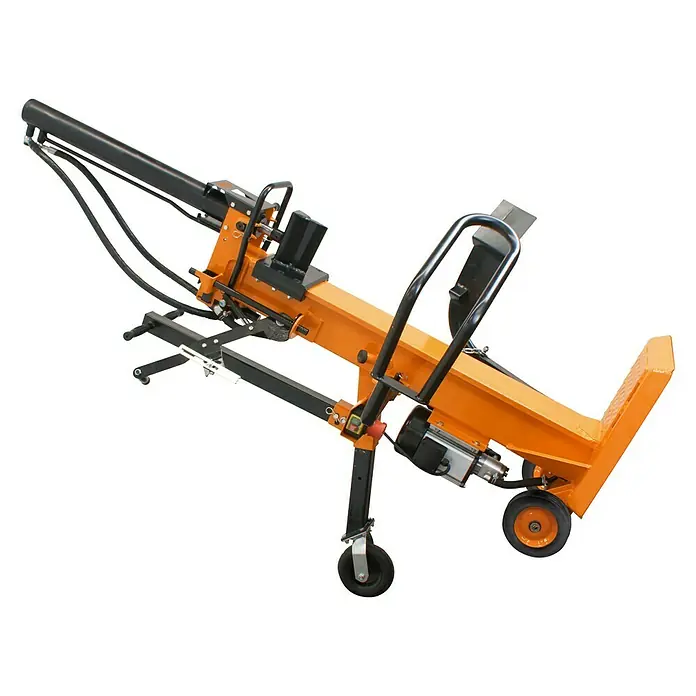 Atika Holzspalter ASP 10 TS-2 - 10 t, Max. Spaltgutlänge: 104 cm - Eine Nahaufnahme eines transportablen Holzspalters mit Rädern und einem orangefarbenen Gehäuse, der für den einfachen Gebrauch im Freien entwickelt wurde.