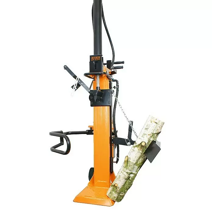 Atika Holzspalter ASP 10 TS-2 - 10 t, Max. Spaltgutlänge: 104 cm - Oranger und schwarzer Holzspalter mit einem zum Spalten positionierten Holzstamm.