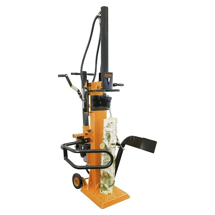 Atika Holzspalter ASP 10 TS-2 - 10 t, Max. Spaltgutlänge: 104 cm - Nahaufnahme des ATIKA ASP 10 TS-2 Holzspalters, robust und zuverlässig für effiziente Holzverarbeitung, mit einem Holzscheit in Position.