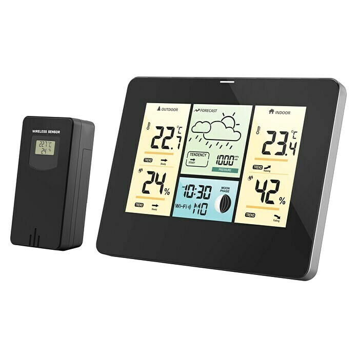 Schwarz) h Zeitanzeige, mit Netzbetrieben, BAUHAUS / Hama App, Wetterstation Thermometer Hygrometer / Außensensor, (12/24 Barometer | WLAN