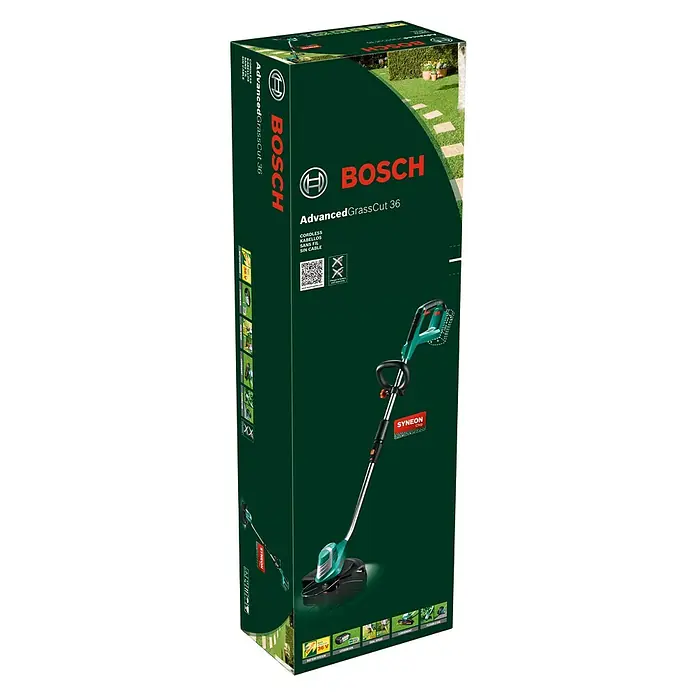 Bosch Power for All 36V Akku-Rasentrimmer AdvancedGrassCut 36 - 36 V, Li-Ionen, Ohne Akku, Schnittbreite Faden: 30 cm - Die Verpackung des Bosch AdvancedGrassCut 36 Akku-Rasentrimmers. Der Trimmer ist auf der Vorderseite der Verpackung abgebildet.