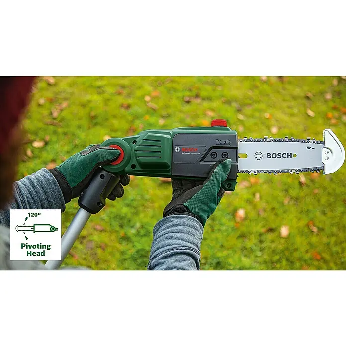 Bosch Power for All 18V Akku-Hochentaster UniversalChainPole 18 - 18 V, Li-Ionen, 1 Akku - Nahaufnahme einer Bosch Akku-Astsäge UniversalChainPole 18 mit schwenkbarem Kopf in Aktion.
