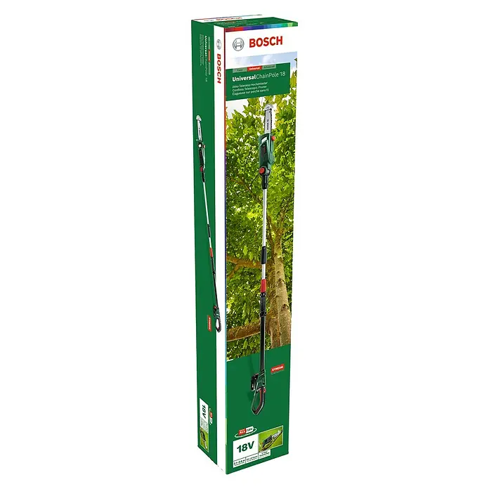 Bosch Power for All 18V Akku-Hochentaster UniversalChainPole 18 - 18 V, Li-Ionen, 1 Akku - Verpackung der Bosch Universal ChainPole 18 Akku-Teleskop-Hochentaster, ideal für Baumpflegearbeiten in Ihrem Garten.