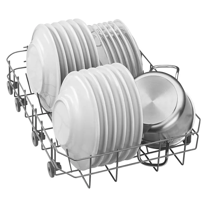 Smeg Lavavajillas integrable ST4512IN - Ancho: 44,6 cm, Número de cubiertos: 9 ud. - Cesta del lavavajillas llena de platos blancos limpios y una olla, lista para la próxima tarea en la cocina.