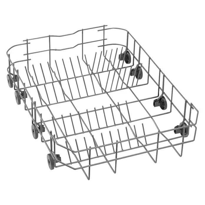 Smeg Lavavajillas integrable ST4512IN - Ancho: 44,6 cm, Número de cubiertos: 9 ud. - Vista del producto de una cesta de lavavajillas de alambre metálico con rodillos, ideal para organizar vajilla y cubertería.