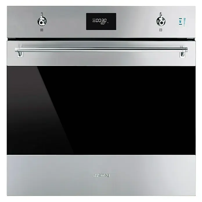 Smeg Horno empotrado SOP6301S2X - Número de tipos de calentamiento: 11 ud., Volumen horno: 68 l, Inox - Primer plano de un horno Smeg de acero inoxidable, que muestra un diseño moderno con una elegante ventana de cristal negro.