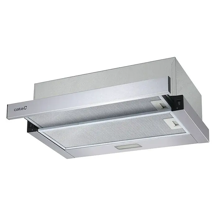 Cata Set de horno empotrado + placa de cocción y campana extensible - Volumen horno: 80 l, Número de zonas de temperatura: 3 ud., Máx. Potencia de aire de la campana extractora: 300 m³/h - La imagen muestra una campana extractora Cata de acero inoxidable. El aparato está diseñado para montarse debajo de un armario de cocina y tiene filtros.